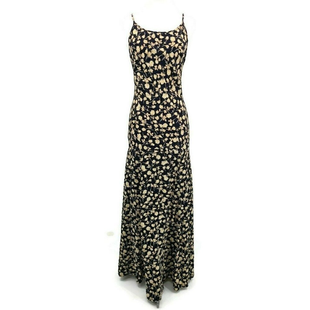 New Flynn Skye Black Floral Maxi Dress Womens XS Rayon Low Back Spaghetti Strap